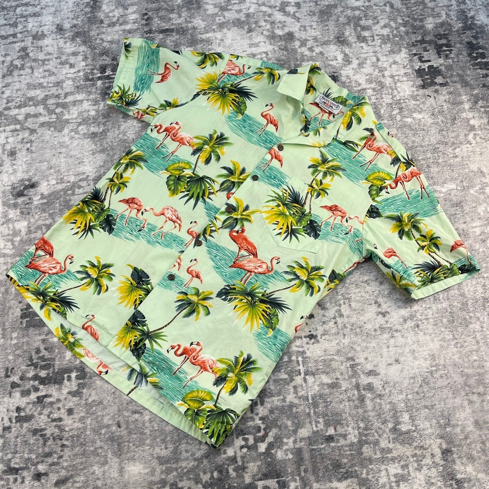Pacific Legend Mens Medium Hawaiian Shirt Flamingo Palm Tree Green Cotton USA‎